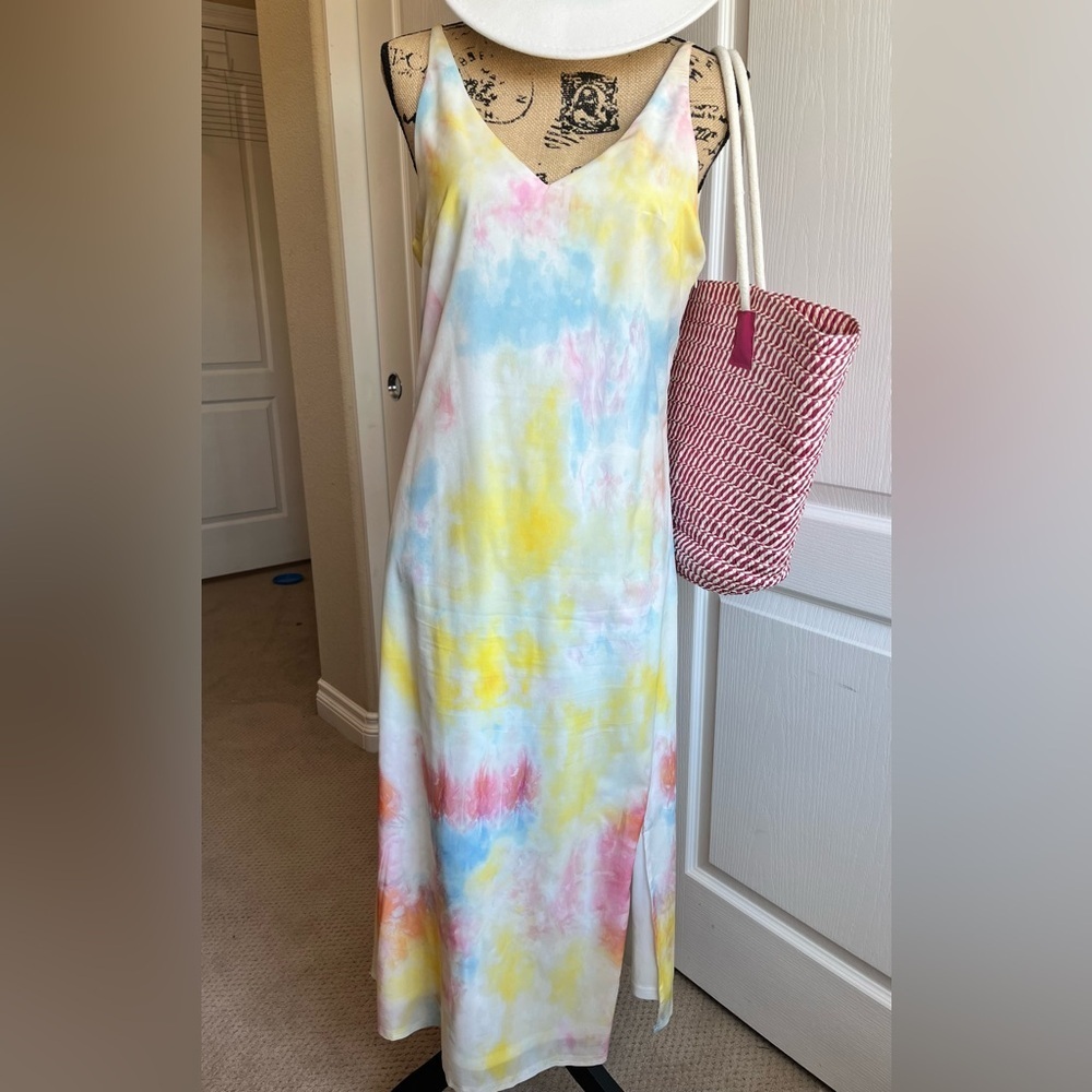 On Twelfth Pastel Tie-Dye Satin Midi Slip Dress - Picture 3 of 9